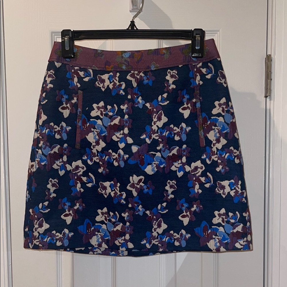 Maeve/ANTHROPOLOGIE Blue & Purple Floral Jacquard Pattern Flared Mini